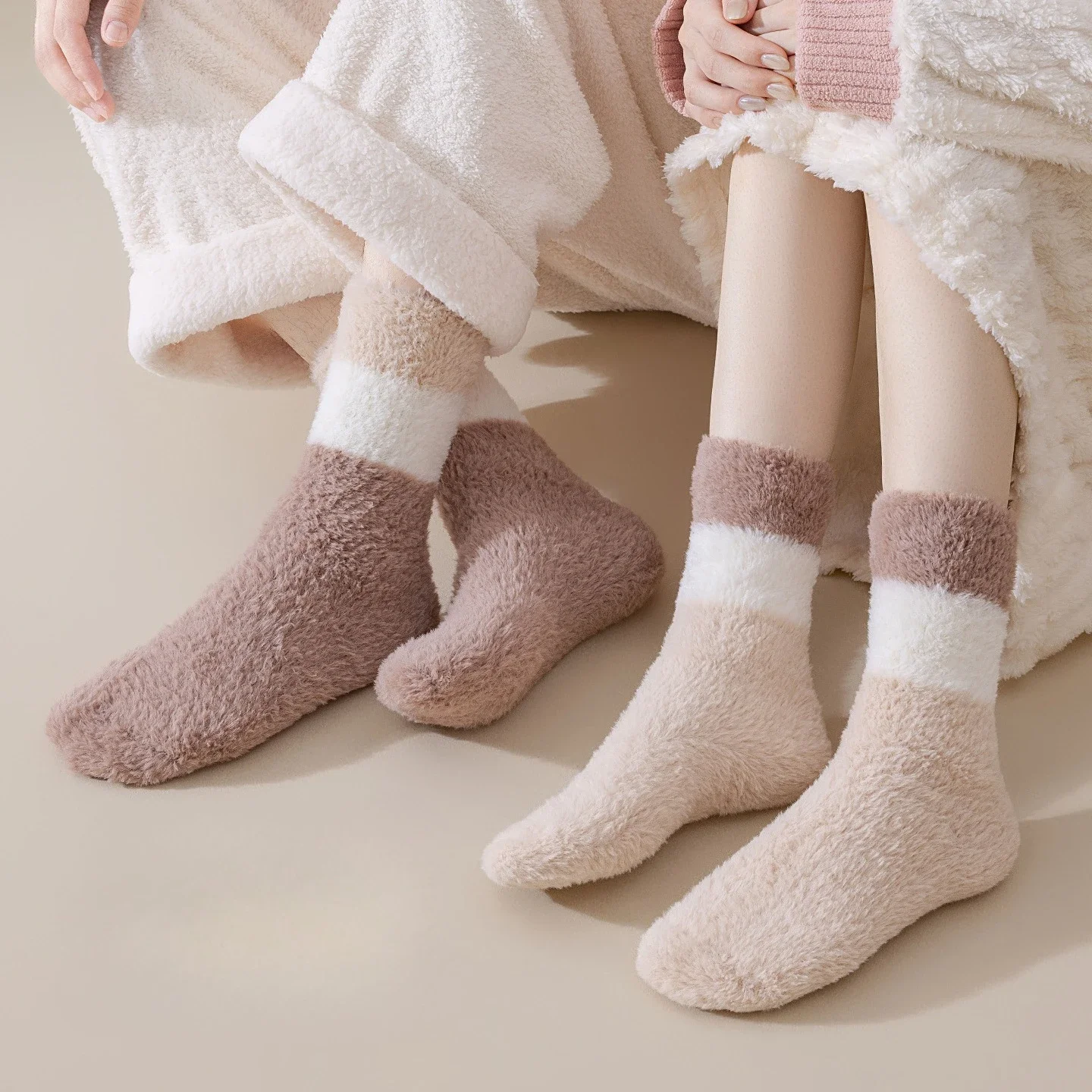 Autumn and Winter Fleece Thickened Coral Fleece Medium Tube Socks Warm Couple Fashion Striped Color Matching Home Sleep Socks