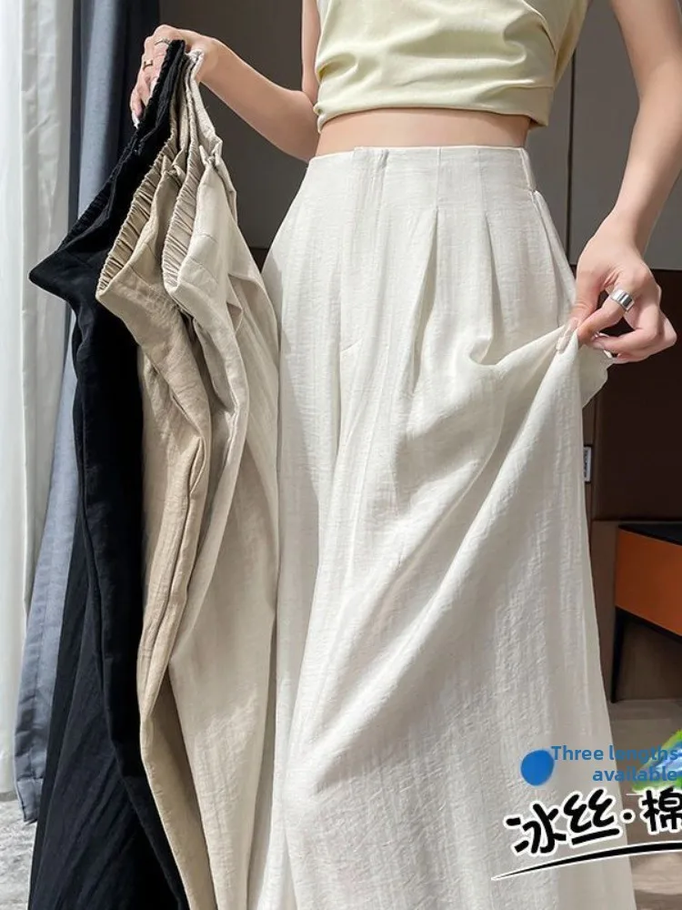 

Брюки с высокой талией и широкими штанинами из ледяного шелка, тонкие, летние, белые, струящиеся, длинные, для женщин с фигурой типа «груша», повседневные, прямого кроя