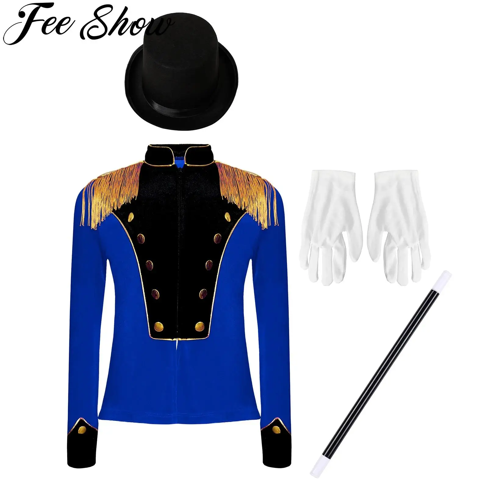 Kids Circus Magician Cosplay Costume Halloween Ringmaster Magic Show Performance Fringe Epaulet Velvet Drummer Jacket Outfits