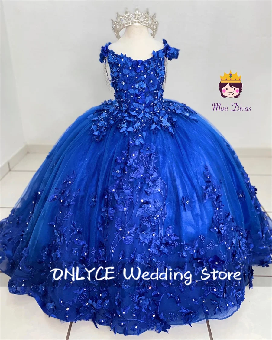 Sparkly Royal Blue Flower Girl Dress For Wedding Princess Ball Dresses Floral Applique Crystal Birthday Party Gown Customized 