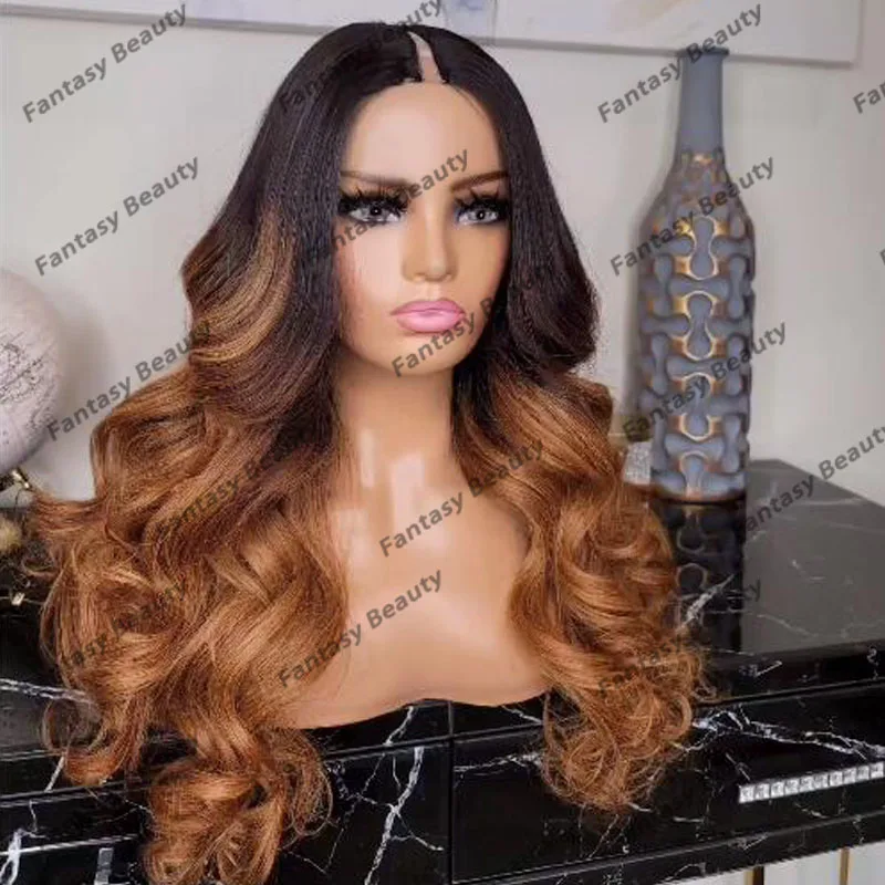 

Fantasy Beauty Minimal Leave Out V Part Human Hair Women Wigs Natural Glueless Ombre Golden Brown Loose Wave U Part Wigs 6Clips