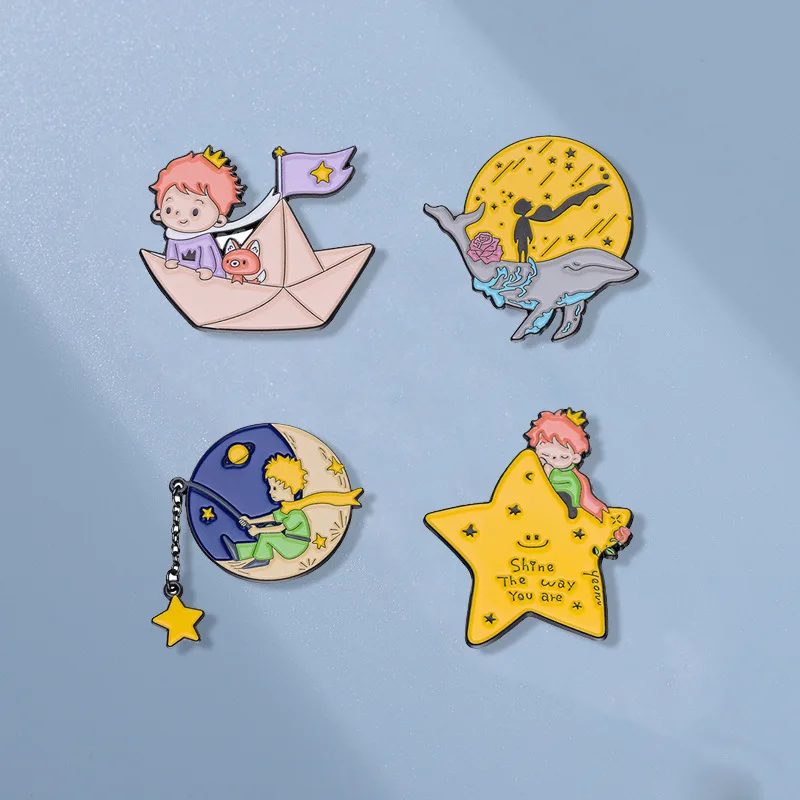 

Prince Fox Enamel Pins Custom Moon Star Paper Boat Whale Brooches Lapel Badges Cartoon Jewelry Gift for Kids Friends