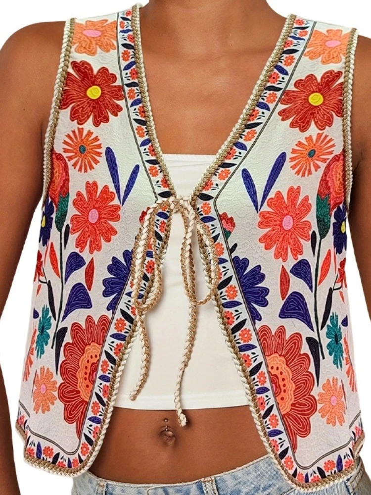 Damska kamizelka z nowym czeskim kwiatowym wzorem na lato 2025, letnia, codzienna koszulka bez rękawów, ażurowe kamizelki, szydełkowe plażowe płaszcze i topy na wakacje.
