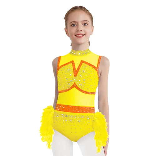 Imagen 2 del producto Leotardos de danza de Ballet con diamantes de imitación para niñas, vestidos con falda de plumas para trajes de actuación contemporánea lírica moderna