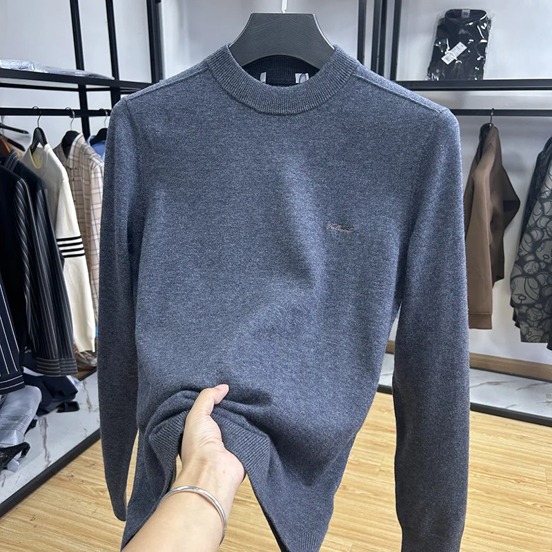 

Теплый удобный мужской вязаный свитер с высоким воротником и вышивкой, повседневный деловой повседневный осенний базовый свитер без бирки