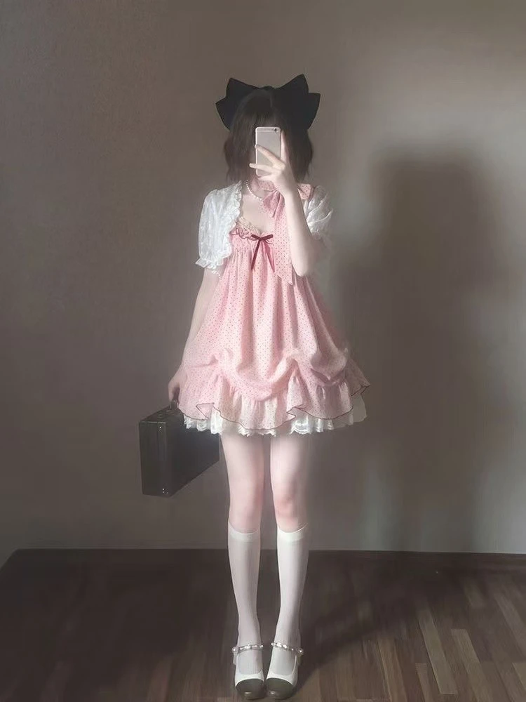 

Y2k Sweet Two Piece Sets Women Japanese Retro Lolita Bow Tops High Waist Ruffle Dress Suits Kawaii Daily Outfits