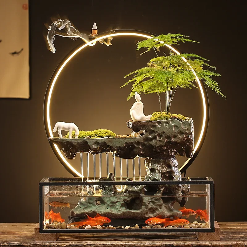 Aquarium Tabletop Fountains Creative Circulating Waterfalls Ceramic Feng Shui Living Room & Office Desktop Atomizing Humidifier