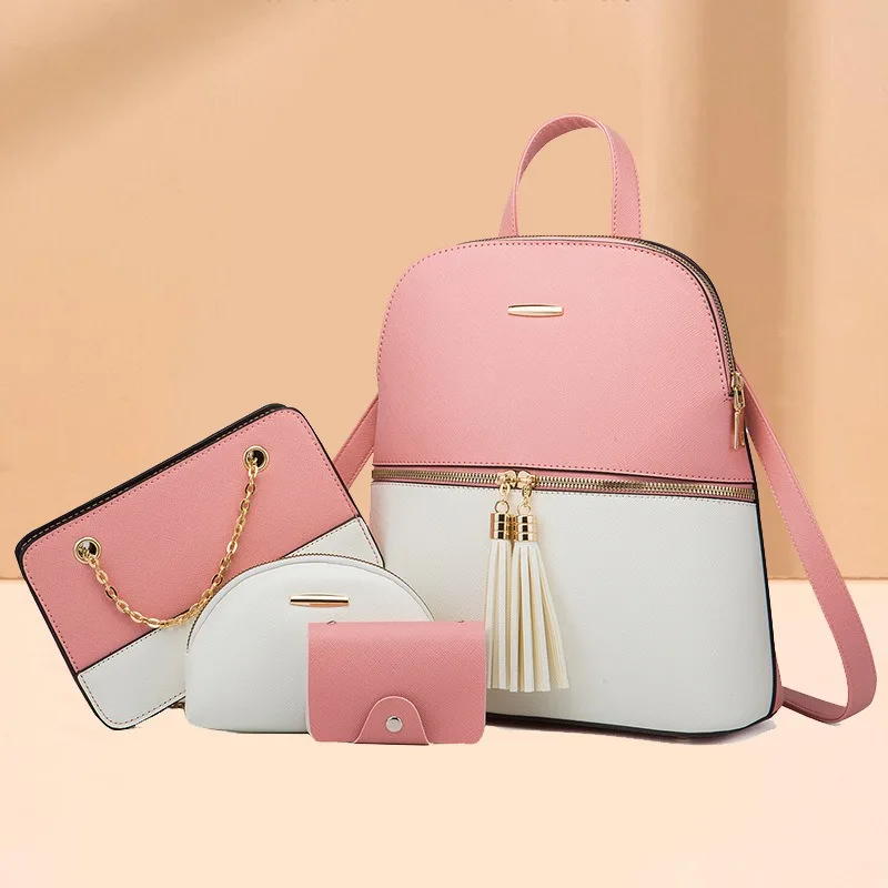 4pcs/set Woman Fashion Backpack Set Female Shoulder Crossbody Bag Set PU Leather Purse Clutch Bag Luxury Card Holder Women Gift