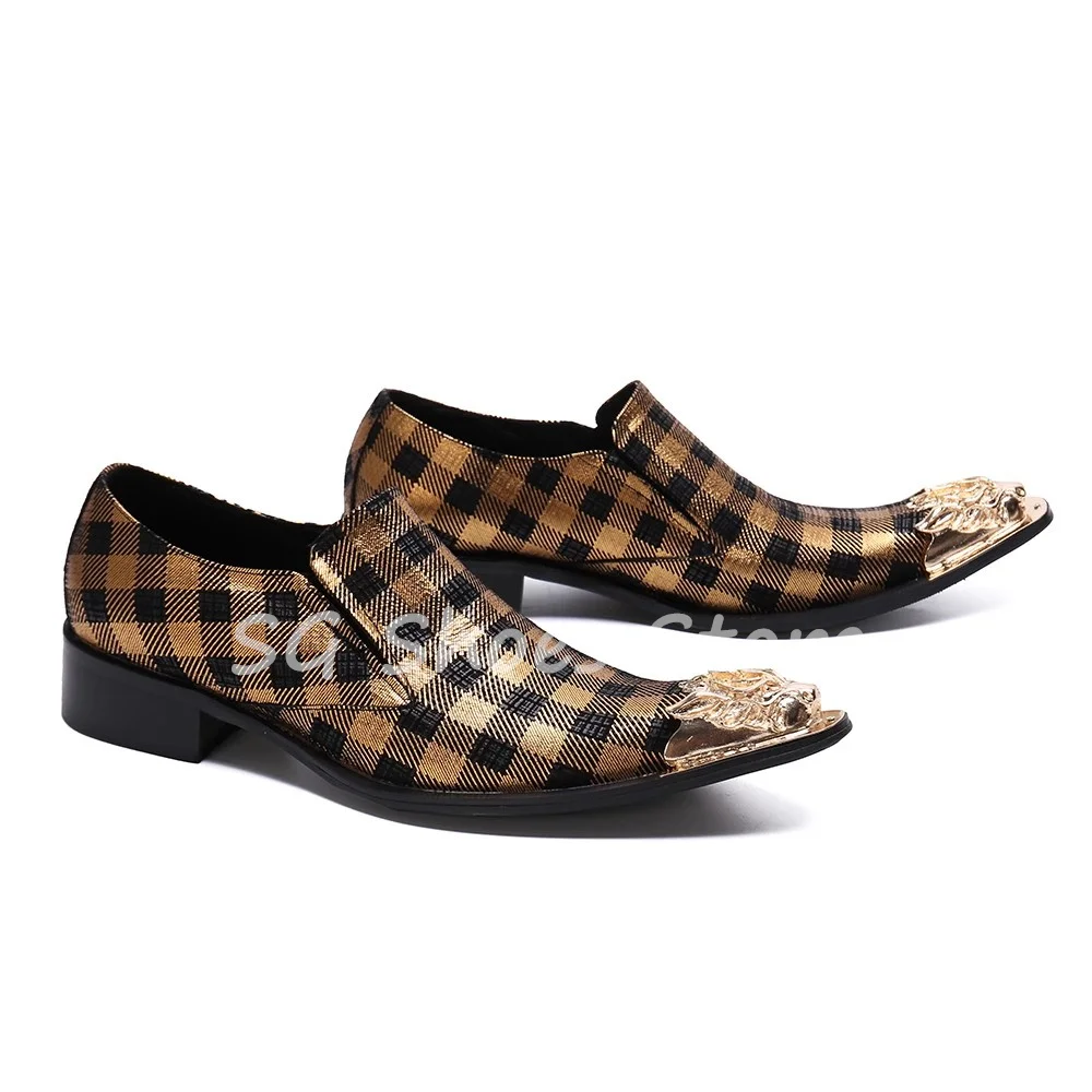 Mixed Color Checkered Metal Pointed Toe Splicing Leather Shoes for Men Shallow Slip-On Lazy Shoes Male Loafers Leisure Oxfords