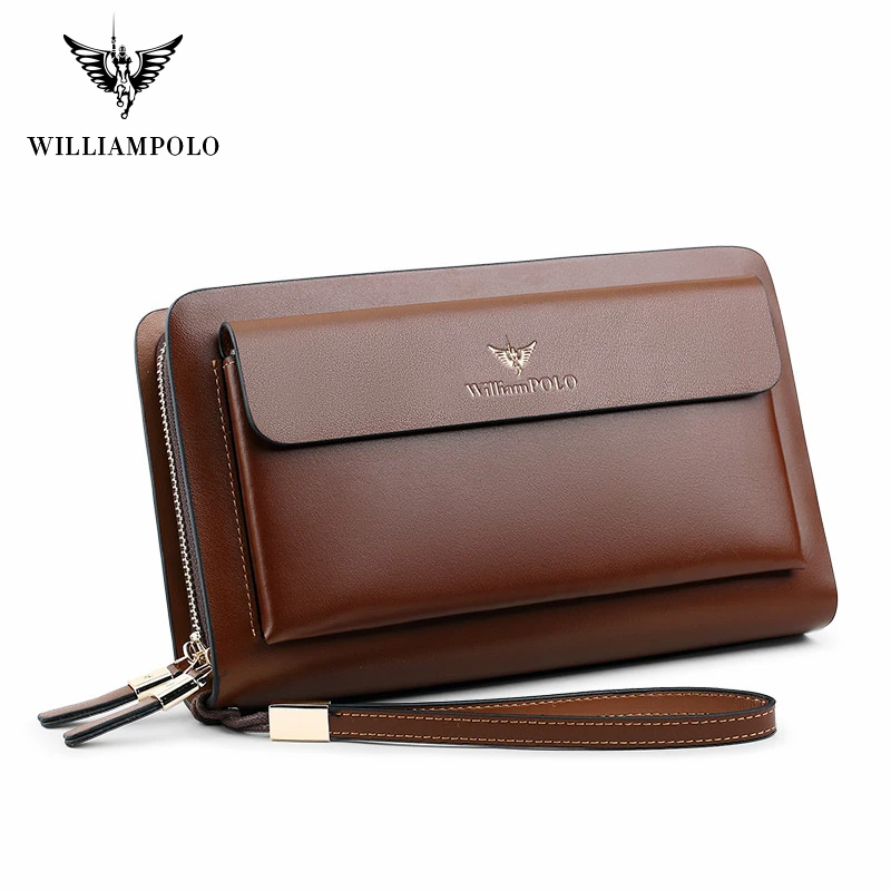 WILLIAMPOLO Brand Men Clutch Bag Fashion Leather Long Purse Double Zipper Business Wallet Black Brown Male Casual Handy Bag