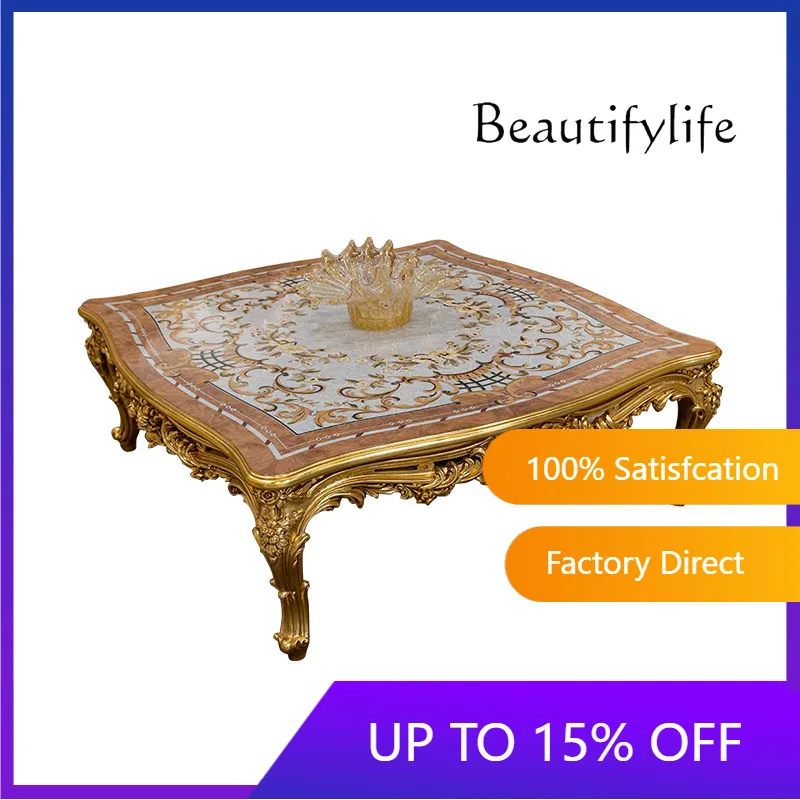 

Европейский роскошный журнальный столик из массива дерева с резьбой и французской инкрустацией, квадратный чайный столик для гостиной X