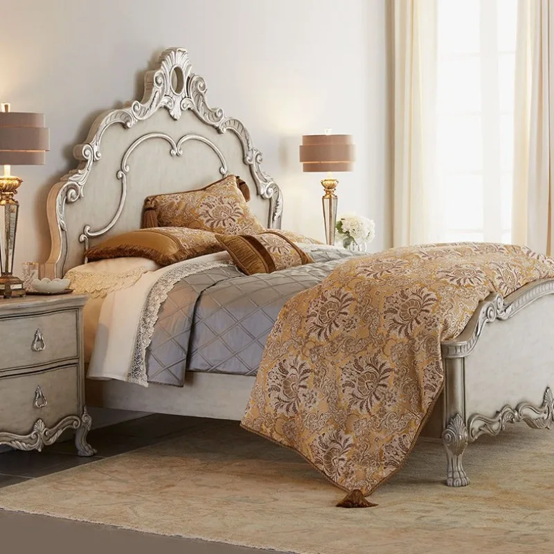 French neoclassical solid wood carving flower bed, American rural solid wood retro carved double bed