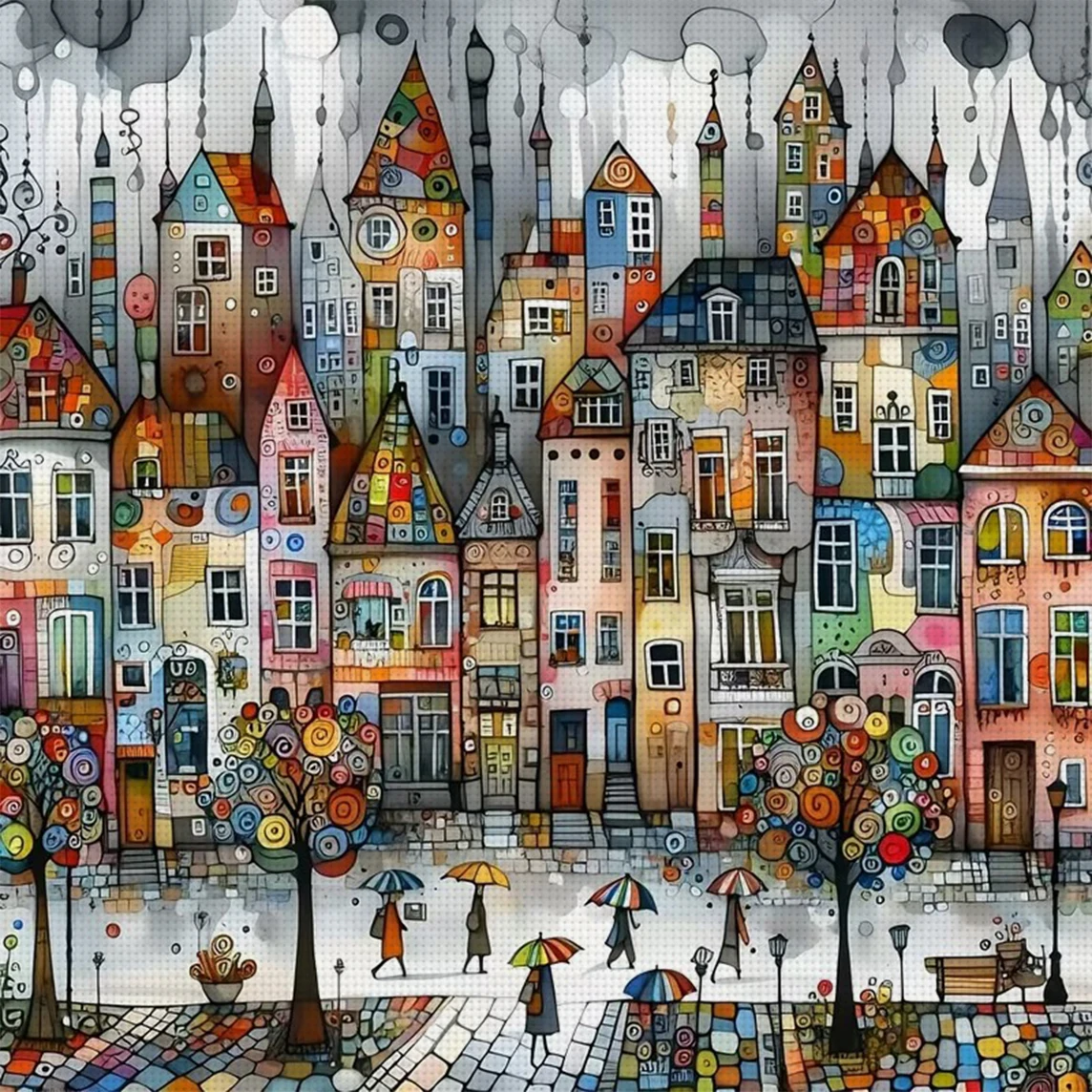 Whimsical Town Kreuzstich-Set zum Selbermachen, 11CT-Stickerei, Heimwanddekoration, Geschenk, handgefertigtes Material, rahmenlos, halbfertig, 36 x 36 cm