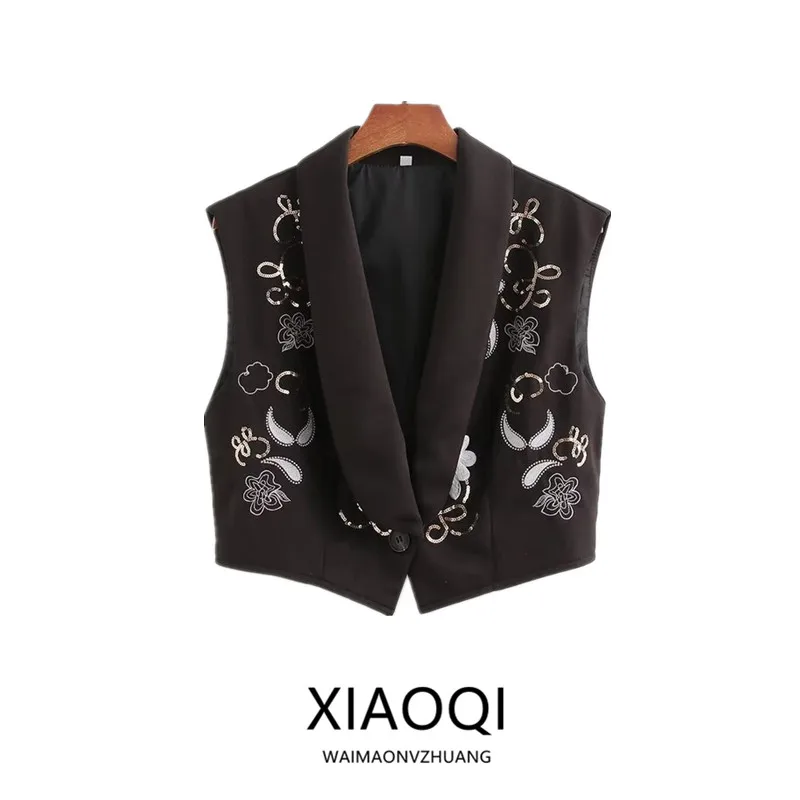 

iny Sequin Embroidered ort Svel Vest 2024 Autumn New Women's Faion Versatile Design All-Match round Ne Button