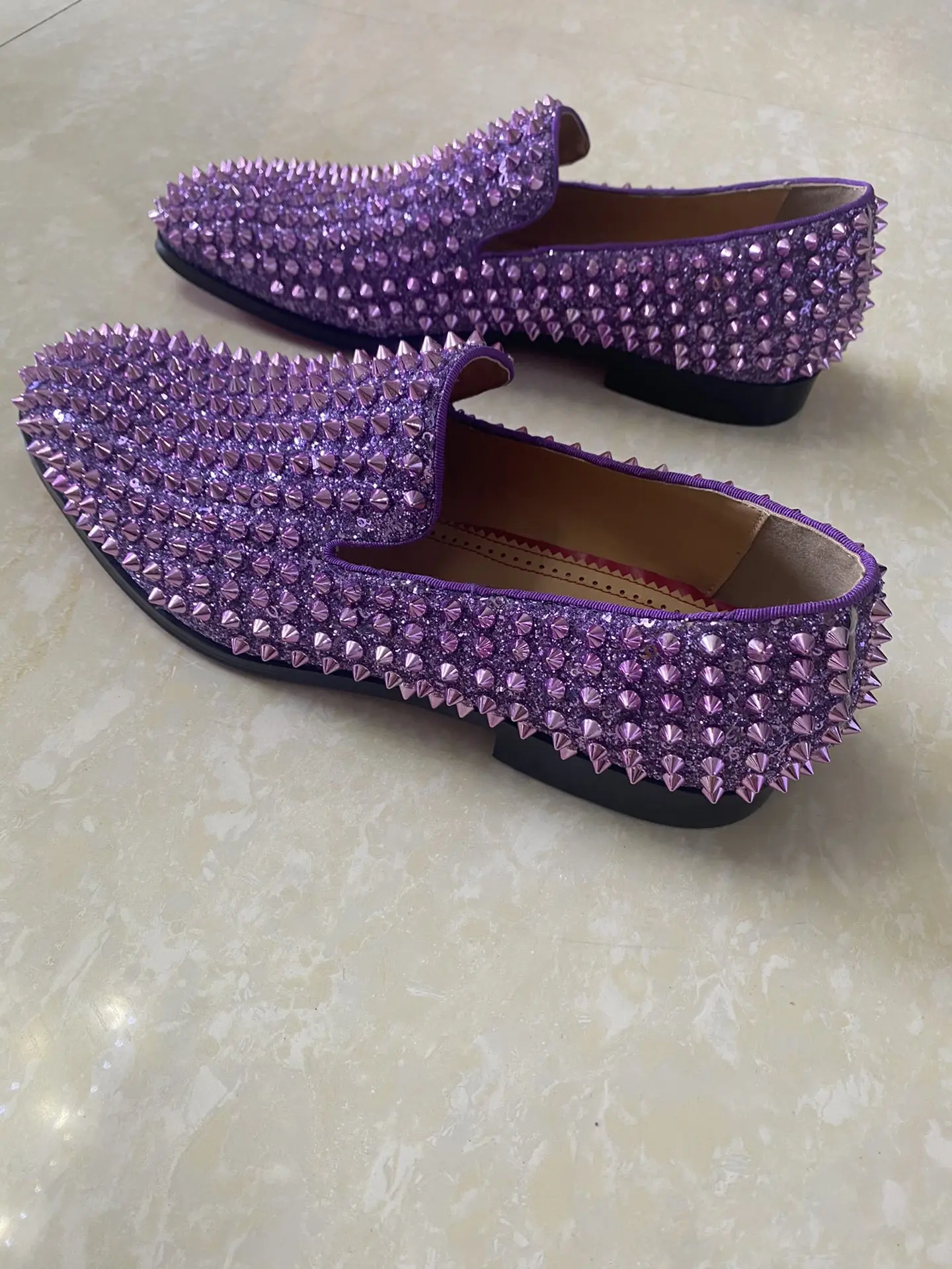 Purple Sequined Studded Shoes Men Square Toe Rivet Flat Shoes For Man Fashion Slip On Loafer Causal Male Party Shoes Size 47