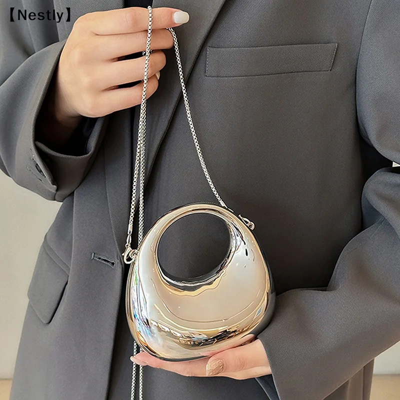 Damen-Umhängetasche mit Kette, kleine Geldbörse, Acryl, metallischer Glanz, Halbmond-Form, Party- und Bankett-Damentasche, luxuriöse Handtasche〔Nest〕 – Detail 7