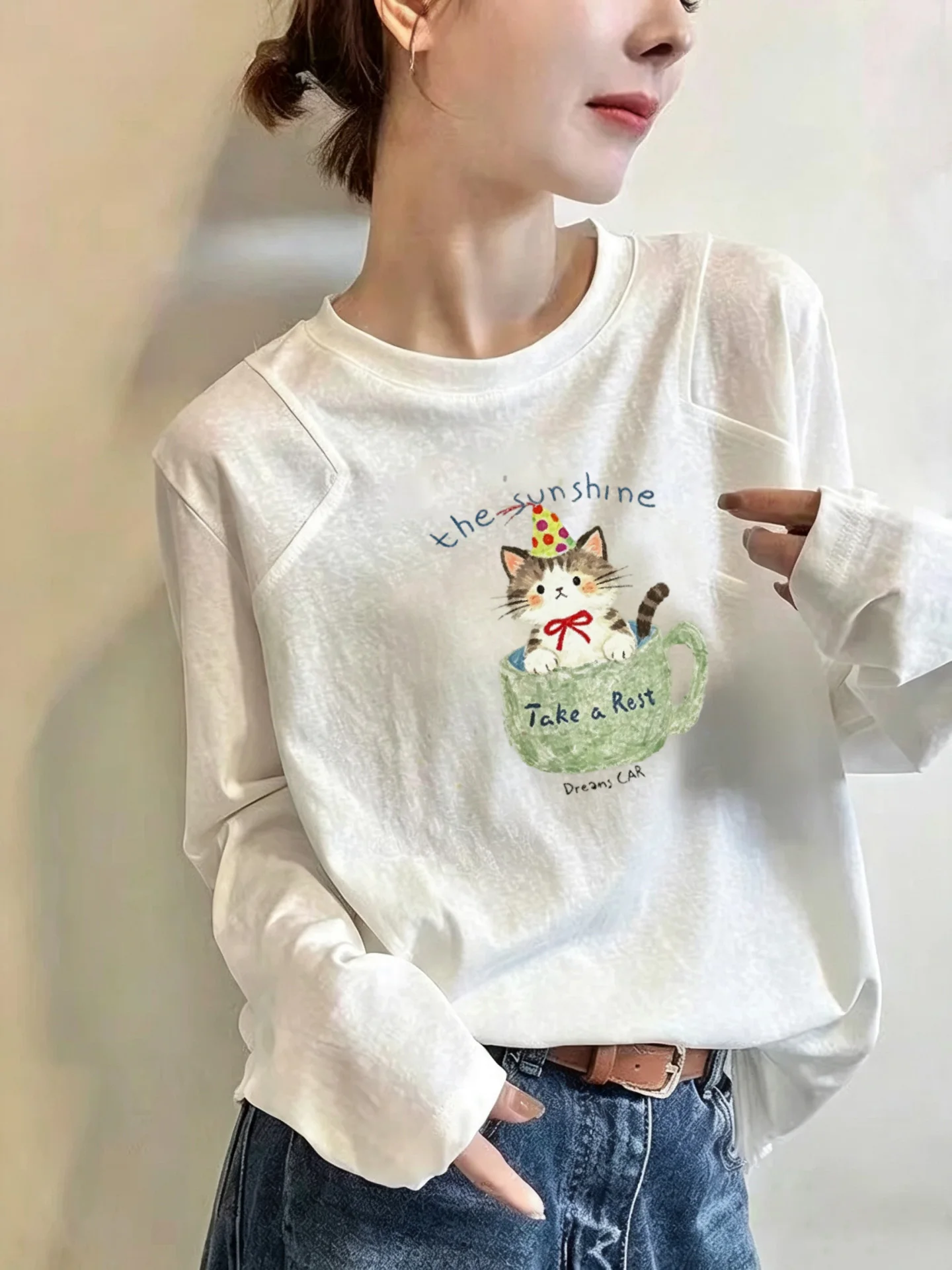 Retro Korean Cartoon Print Long Sleeve Snowflake Cotton Loose Thin Women's T-shirt Autumn New Style Base Layer Top