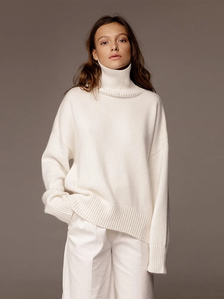 Solid Long Sleeve Thick Sweater For Women Casual Loose Turtleneck Knitted Pullover 2024 Autumn Fashion Female Warm Street Jumper