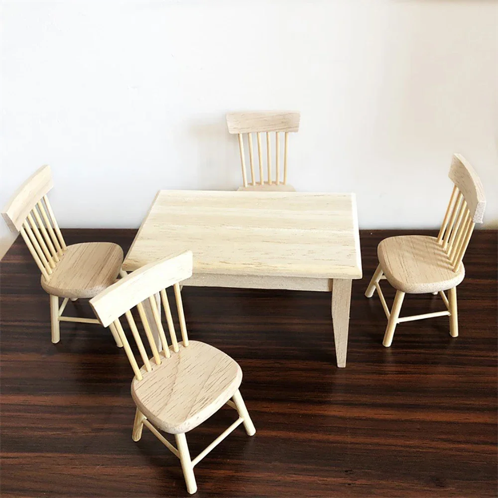 1/12 Dollhouse Miniature Accessories Mini Wooden Table Chair Set Furniture Model Toy for Doll House Decoration ob11