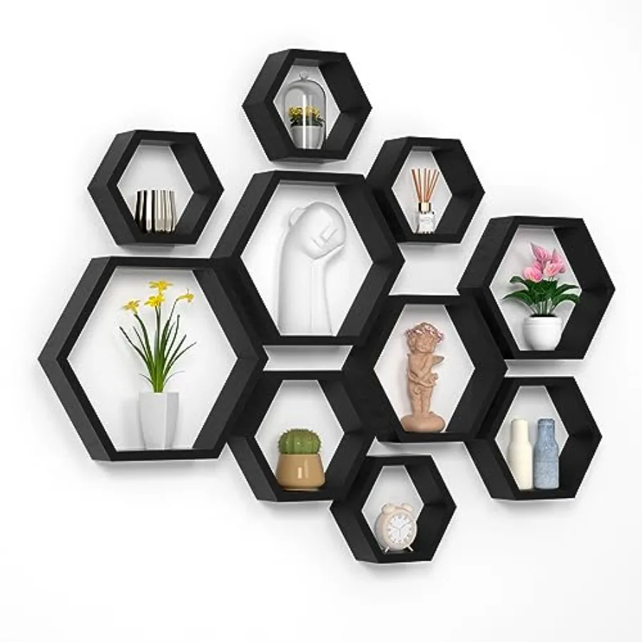 

Настенные полки-шестигранники Honeycomb из дерева в стиле фермерского дома для ванной, кухни, спальни, гостиной - Driftwood Fin