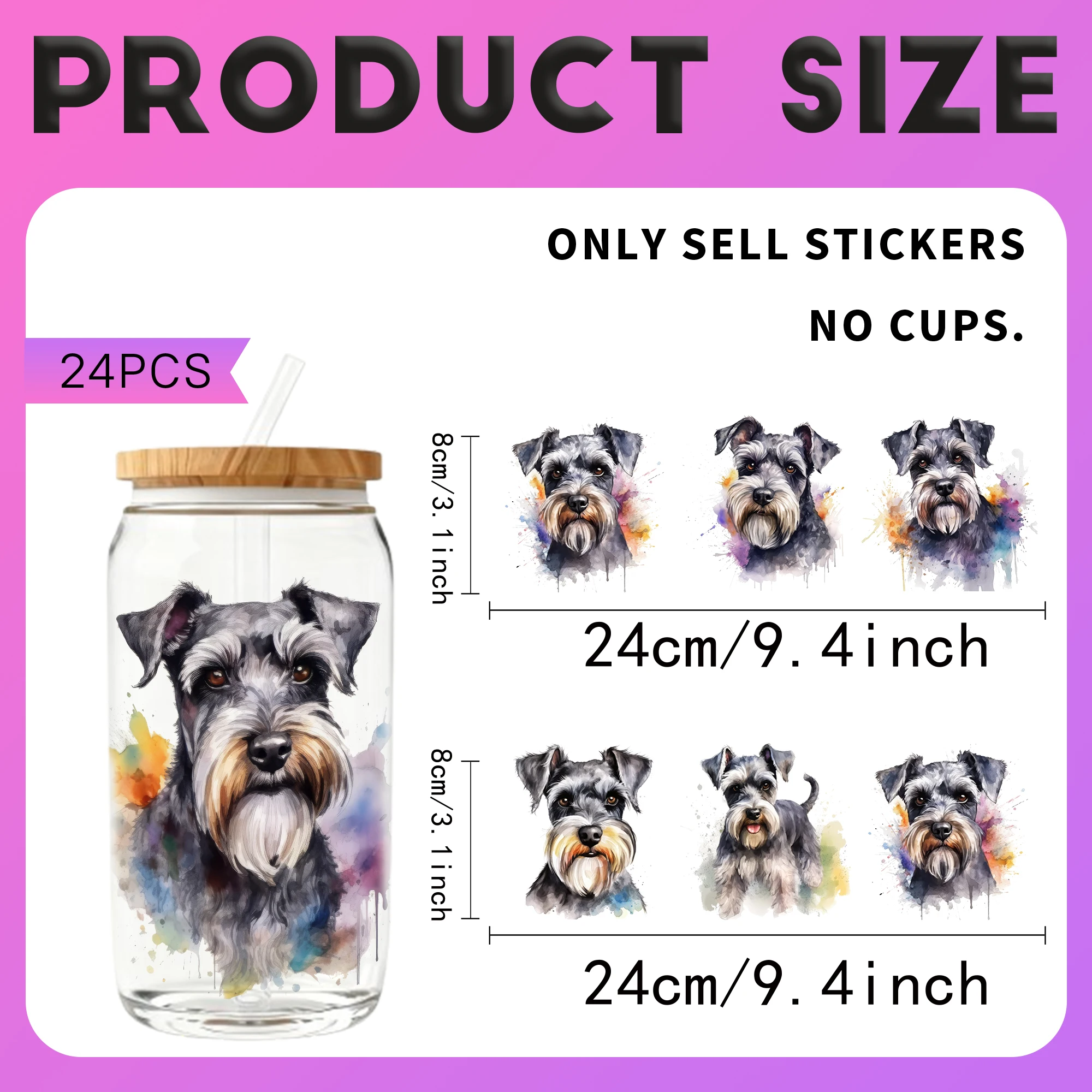 24PCS/Set Miniature Schnauzer Themed UV DTF 16OZ DIY Transfer Sticker For 16OZ Water Bottles Glass