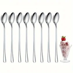 1 set of 8 long handled spoons, thickened stainless steel coffee spoons, pointed mixing spoons, round spoons, and ice spoons