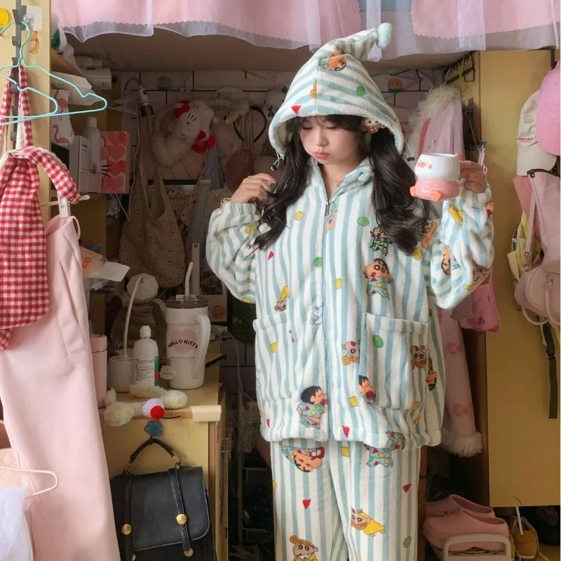 Kawaii Crayon shin-chan pyjamas Anime fille mignon dessin animé hiver épaissir garder au chaud manches longues pantalon découpable maison costume ensemble nouveau