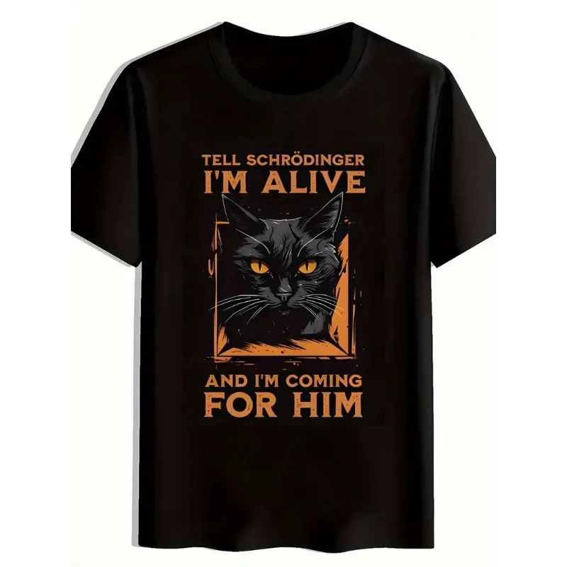 Men's T-shirt Vintage Cat with Orange Eyes and Schrodinger Humor Meme Tee Hip Hop Women Harajuku Y2k Cotton Streetwear Summer