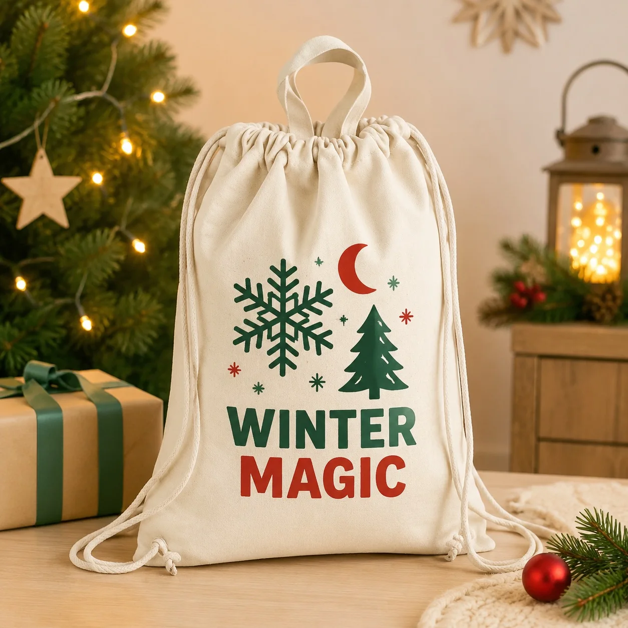 Custom Canvas Drawstring Backpack Christmas Tree Snowflake Custom Name Photo Text Portable School Sports Bag For Kids Adults Xma