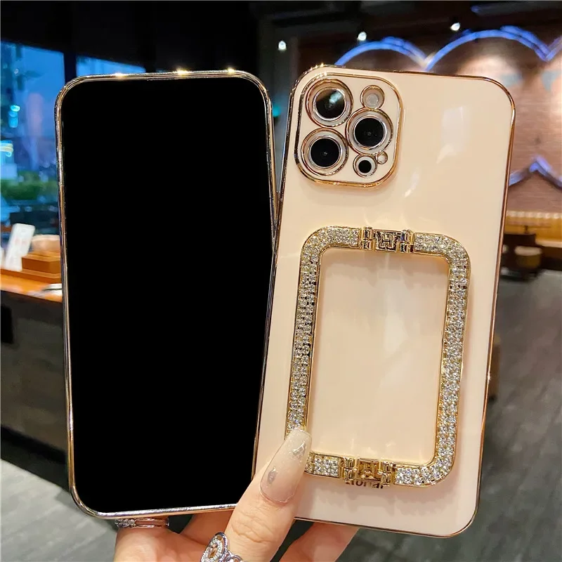 Korea Glitter Square Holder Phone Case For iPhone 16 15 14 13 12 11 Pro Max Mini Plus Crystal Metal Ring Stand Shockproof Cover