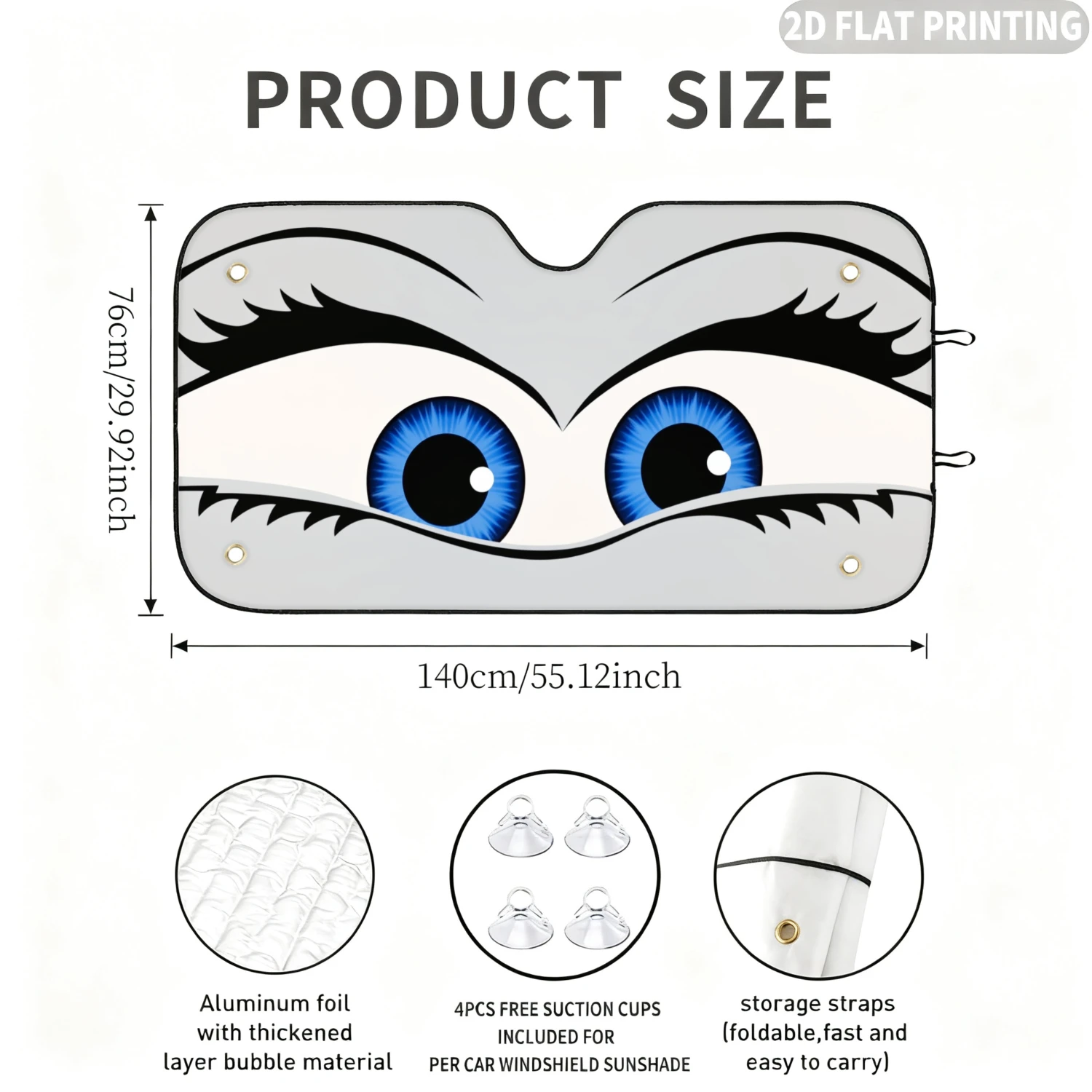 1pc Universal Car Windshield Sunshade, With Cute Blue Eyes Car Sunshade 2D FLAT Printing Design, A Sunshade With 4 Suction Cups