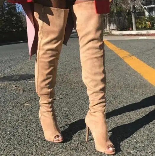 Light Khaki Suede Peep Toe Zipper High Heel Over The Knee Boots Women Fashion Slim Over The Knee Long Boots Shoes Drop Shipping