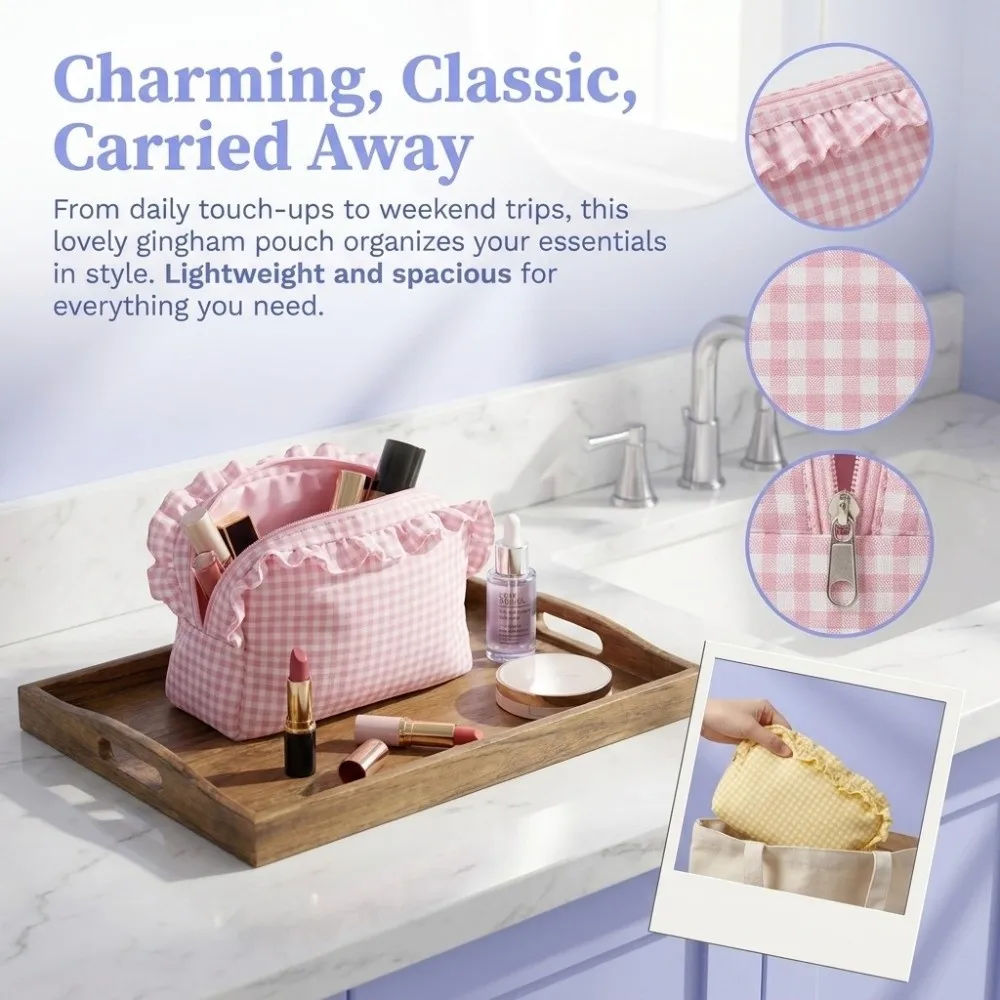 Quilted Design Ruffle Edge Makeup Bag Large Capacity Zipper Closure Plaid Pattern Cosmetic Bag Lightweight Washable Toiletry Bag