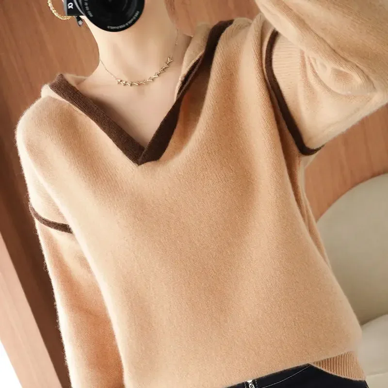 Pullovers Vintage Elegant Cotton Screw Thread To Spring Autumn New Hooded Long Sleeve Sweater Women High Street Contrast Color