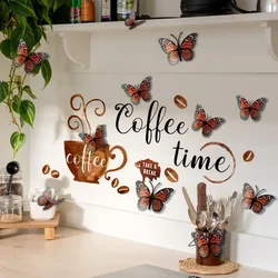 1pcs Coffee Time with 12 3D Butterflies Wall Stickers Removable PVC Waterproof Wall Decoration for Tea Room Restaurant Kitchen