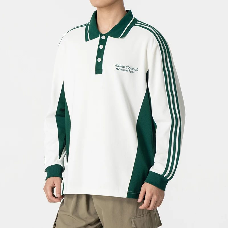 Adidas Originals Comfortable Soft Simple Casual Versatile Colorblock Stripe Knit Polo Shirt Long Sleeve Men’s KW5688