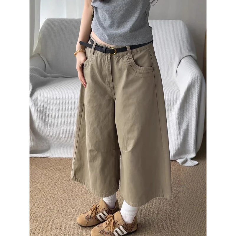 

YIBASHU Women's Khaki Denim Shorts Y2K Japanese Harajuku High Street Aesthetic Vintage 2000s Wide Leg Jeans Seven-Foot Summer