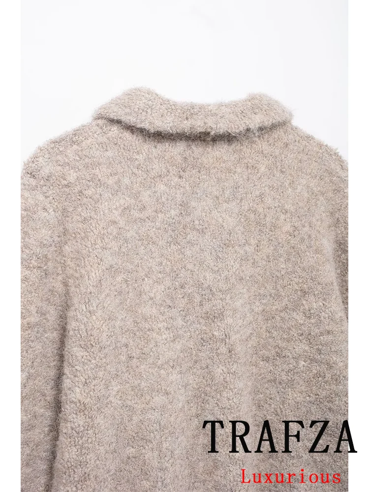 TRAFZA Vintage Casual Chic Women Fur Sweater Flower Button Solid Long Sleeve Knit Cardigans Fashion 2024 Autumn Winter Sweater