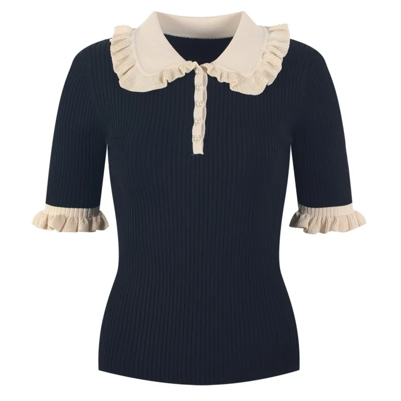 

French temperament doll collar black slim-fit wooden ear edge knitwear short sleeve women 2021 fall new