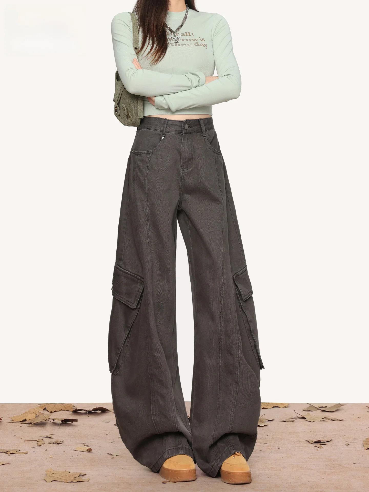 

Cool Street Style Military Grey Cowgirl Jeans High Waist Wide Leg Workwear Pants for Women Spring Summer Casual Cotton Denim