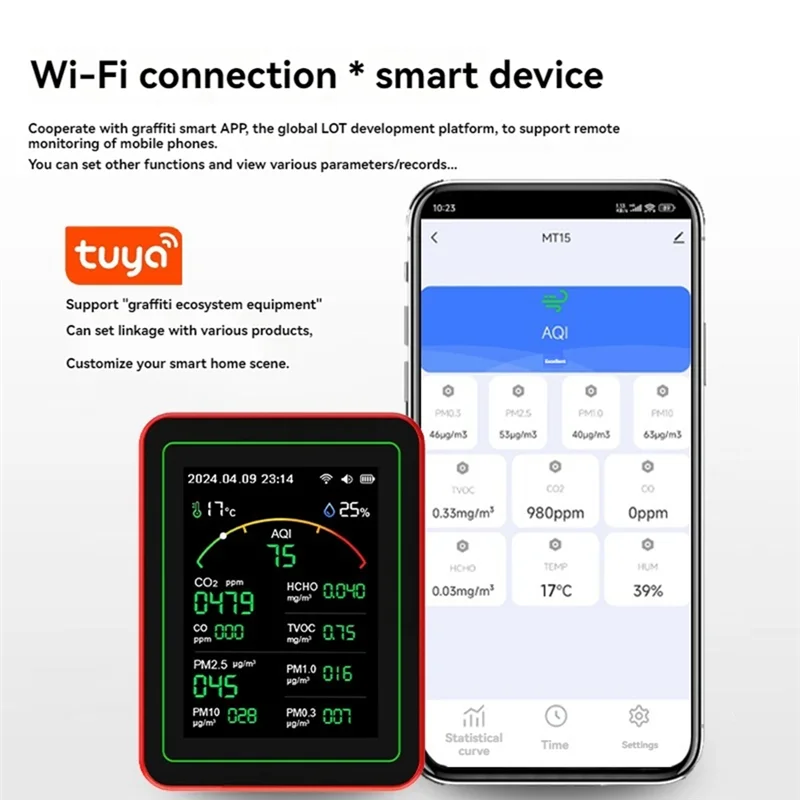HFES 15 en 1 détecteur de qualité de l'air Portable TVOC HCHO, PM2.5 PM10 PM1.0 PM0.3 testeur de température et d'humidité multi-horloge