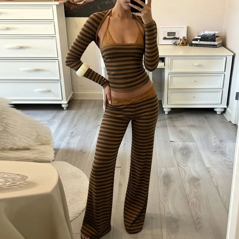 Retro Striped Casual Suits Casual Lace Hanging Neck Collar Vest Long Sleeved Cover Up Shirt Low Waist Straight Leg Pants 트위드 투피스