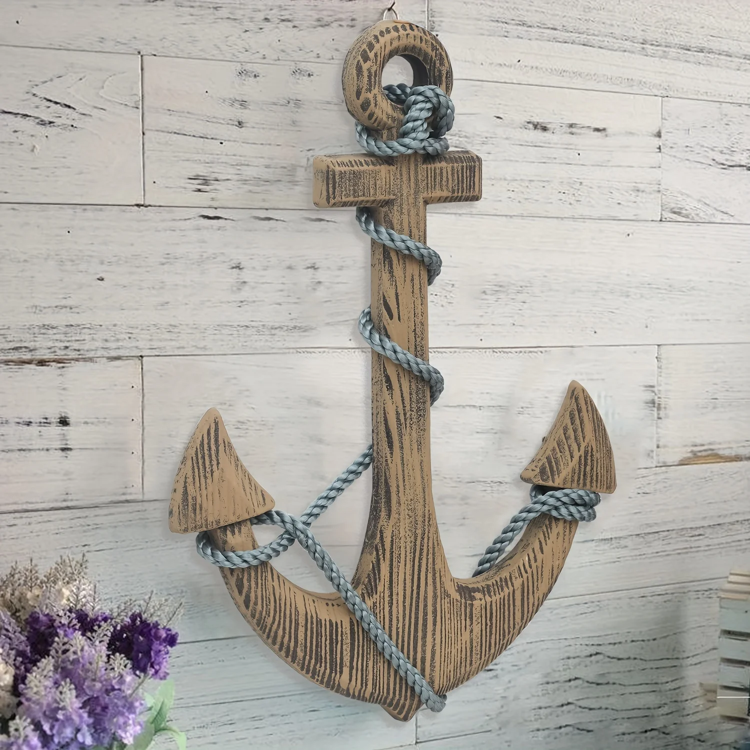 Wooden Boat Anchor Wall Decor – Natural Light Brown Nautical Theme Decoration for Living Room, Bedroom or Entryway – Handcrafted view 4