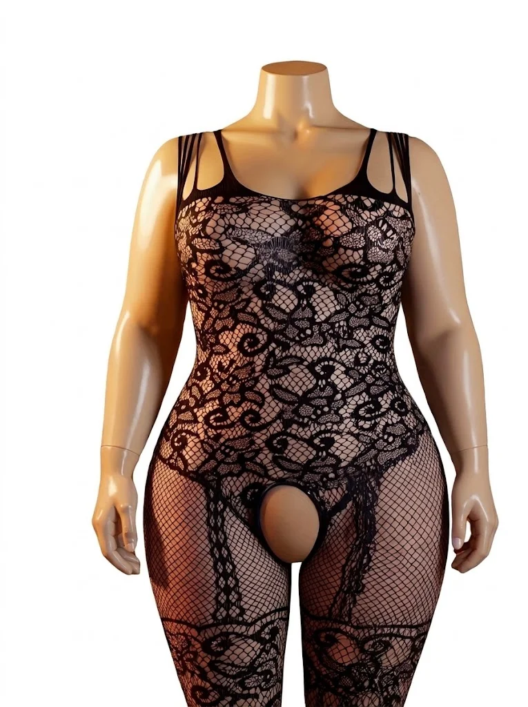 Women Sexy Black Lace Fishnet Bodystocking Open Crotch Sheer Mesh Strappy Bodysuit See Through Lingerie Nightwear Club Party Outfit