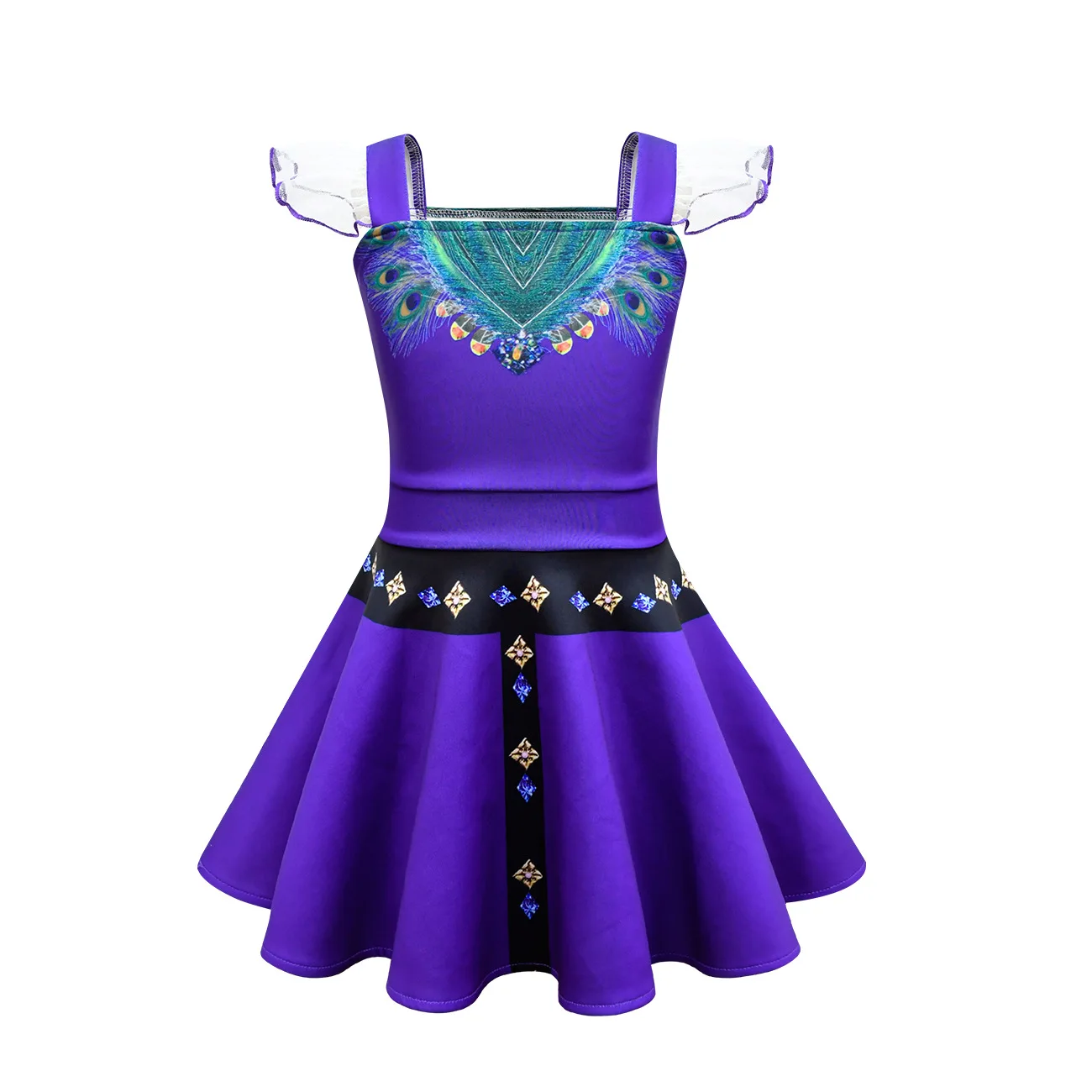 Kids Girls Movie Magic Peacock Print Purple Princess Dress Bag Set Outfit Christmas Role Play Halloween Cosplay Costume