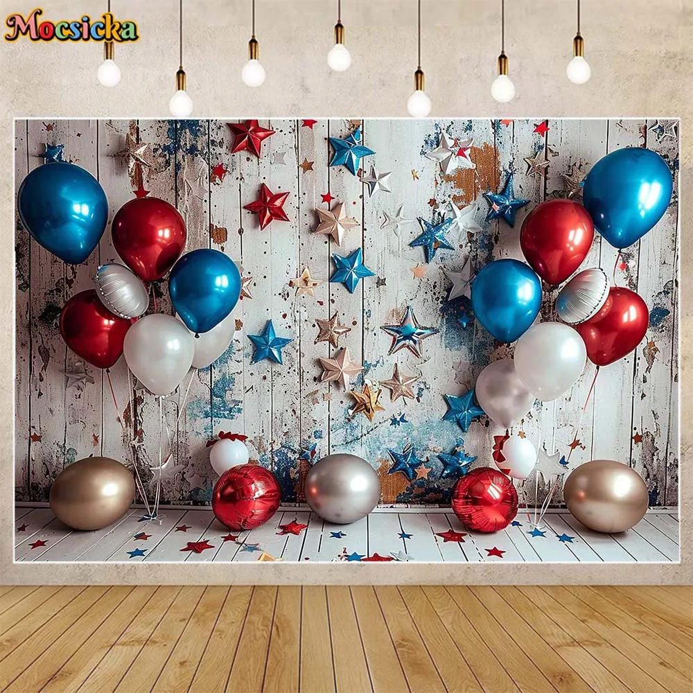 Mocsicka fotografia sfondo blu rosso argento palloncini stella Retro parete bambini ritratto sfondo torta Smash Decor Photocall puntelli