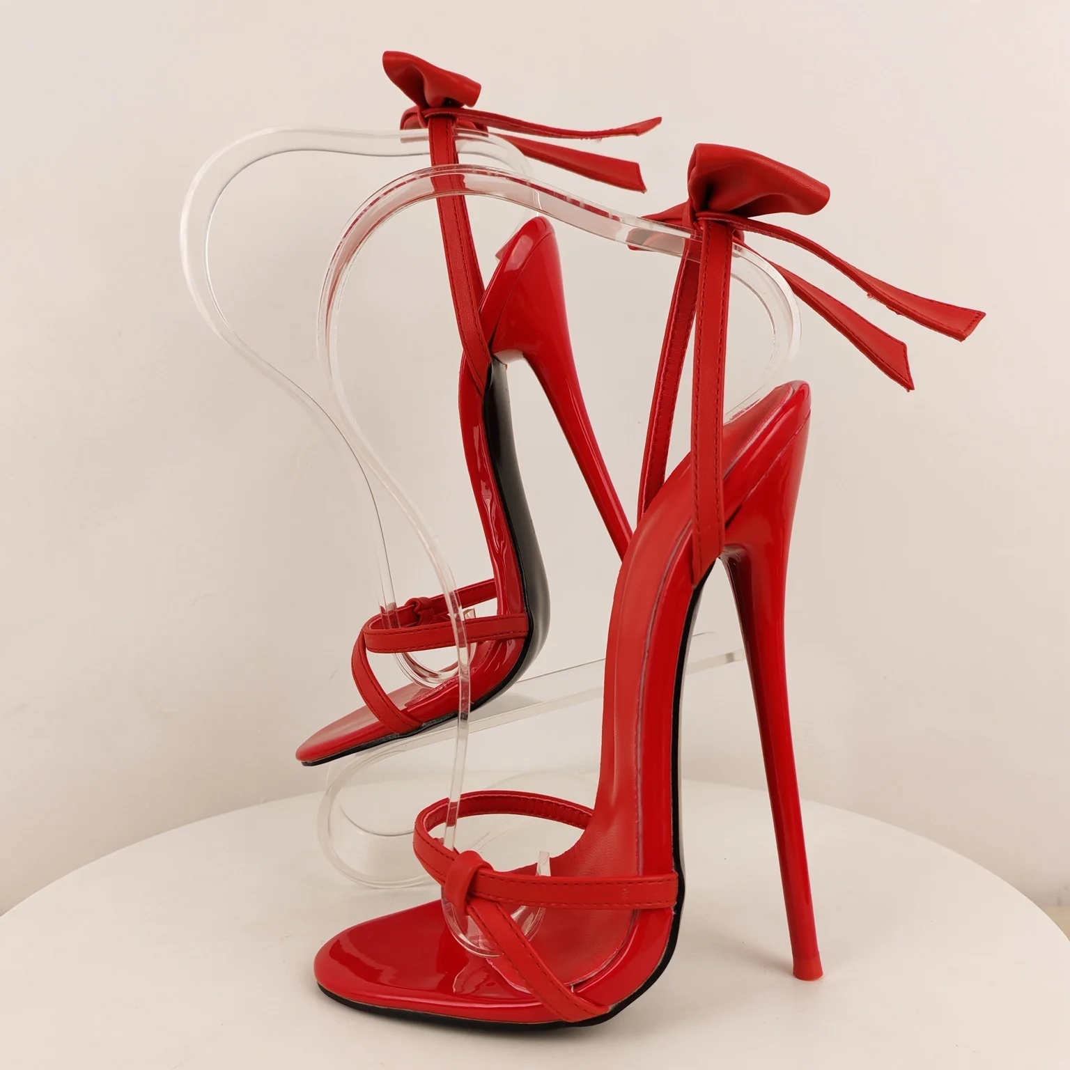 Women's 16Cm Super High Heel Sandals Butterfly Knot Open Toe Slingback Blue Black Pink Red Leather Stilettos Runway Show Shoes