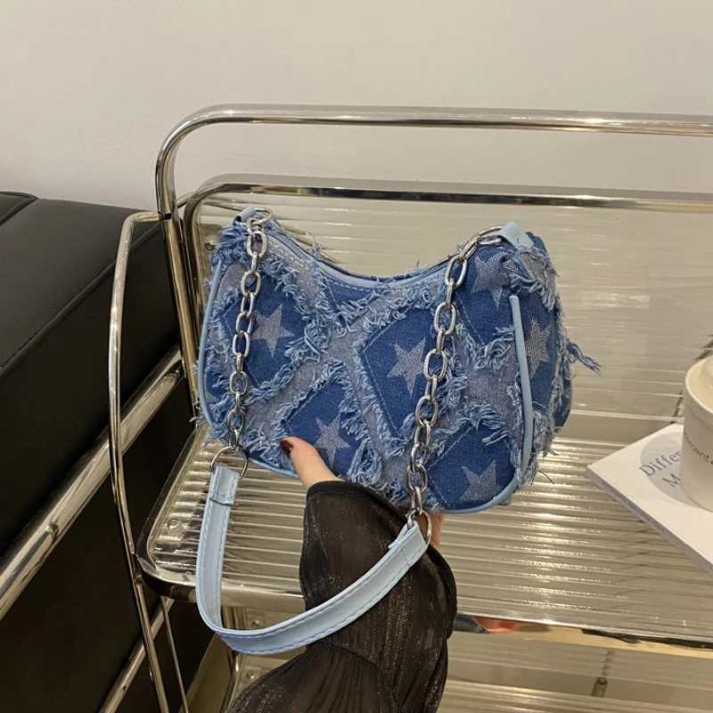 

Casual Star Denim Shoulder Bags for Women Plaid Tassel Cool Hot Girls Underarm Phone Bag Fashion Versatile Female Handbags