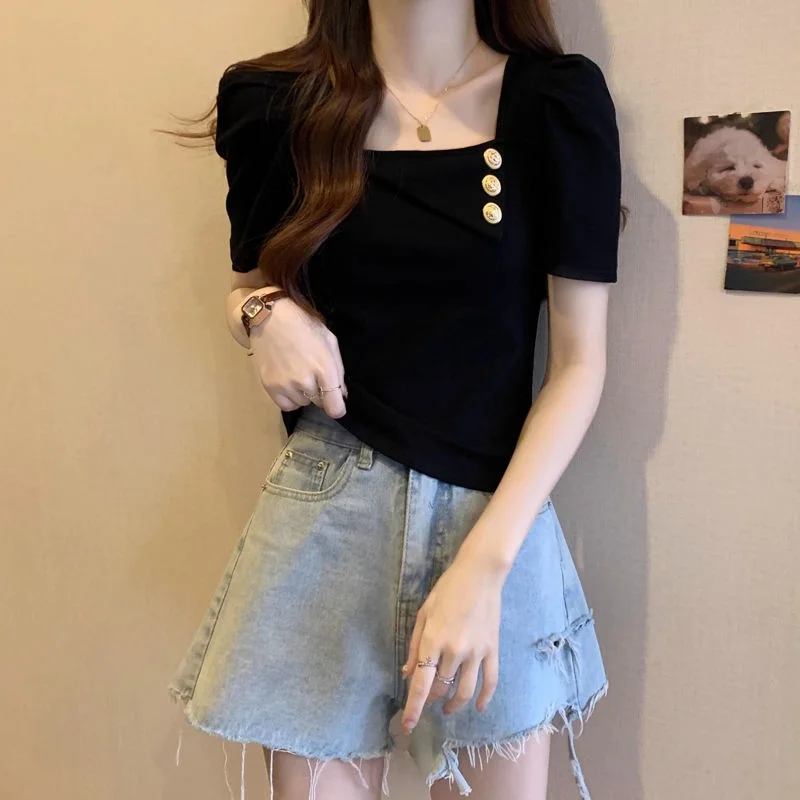 plus Size Women's Square Neck Short Sleeve T-Shirt Summer Slimming Belly Covering Meat Concealing Korean Style Commute Wind