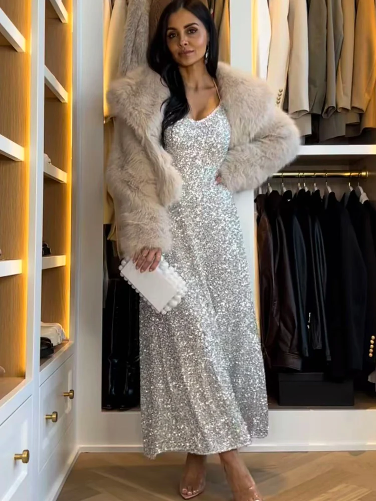 TFMLN 여성 여름 스팽글 드레스 섹시한 반짝이 스파게티 스트랩 민소매 백리스 슬링 드레스 우아한 이브닝 파티 드레스